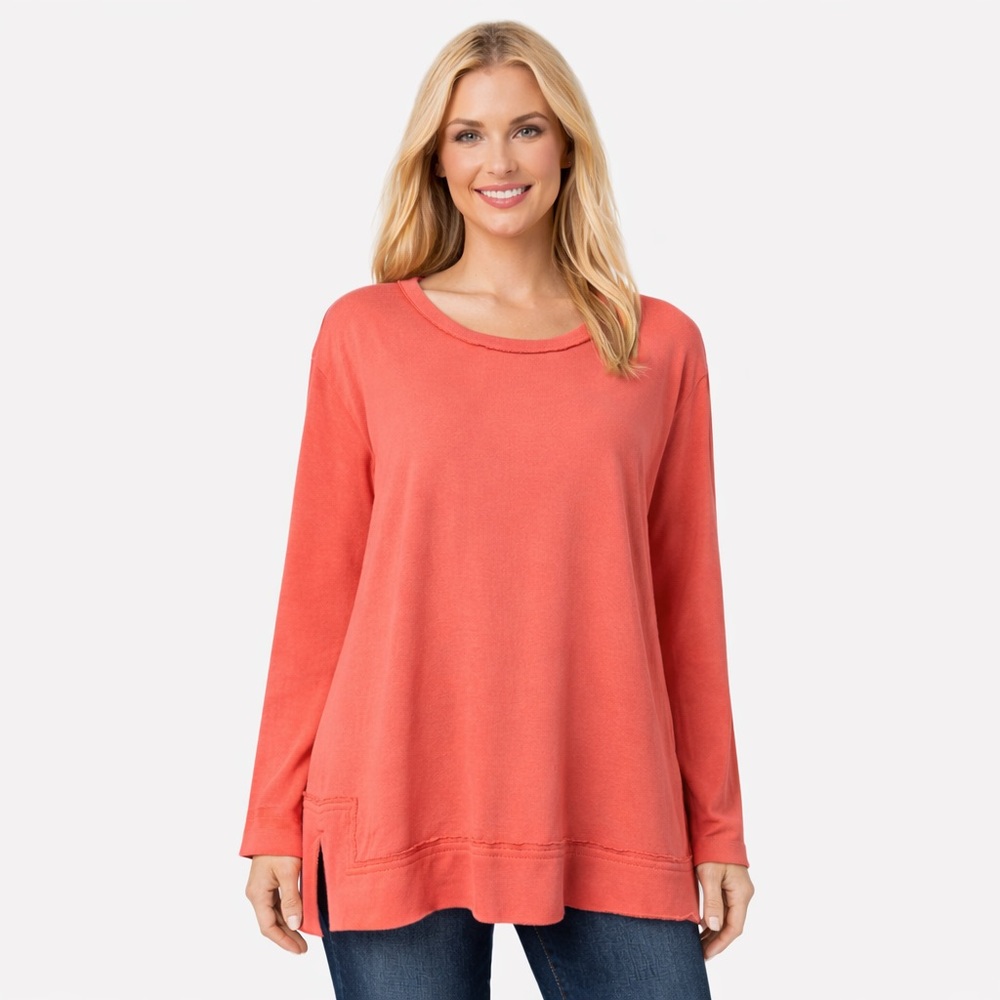 Planet Lauren‎ G Coral Pima Cotton Tunic Top One Size Split Hem Long Sleeve